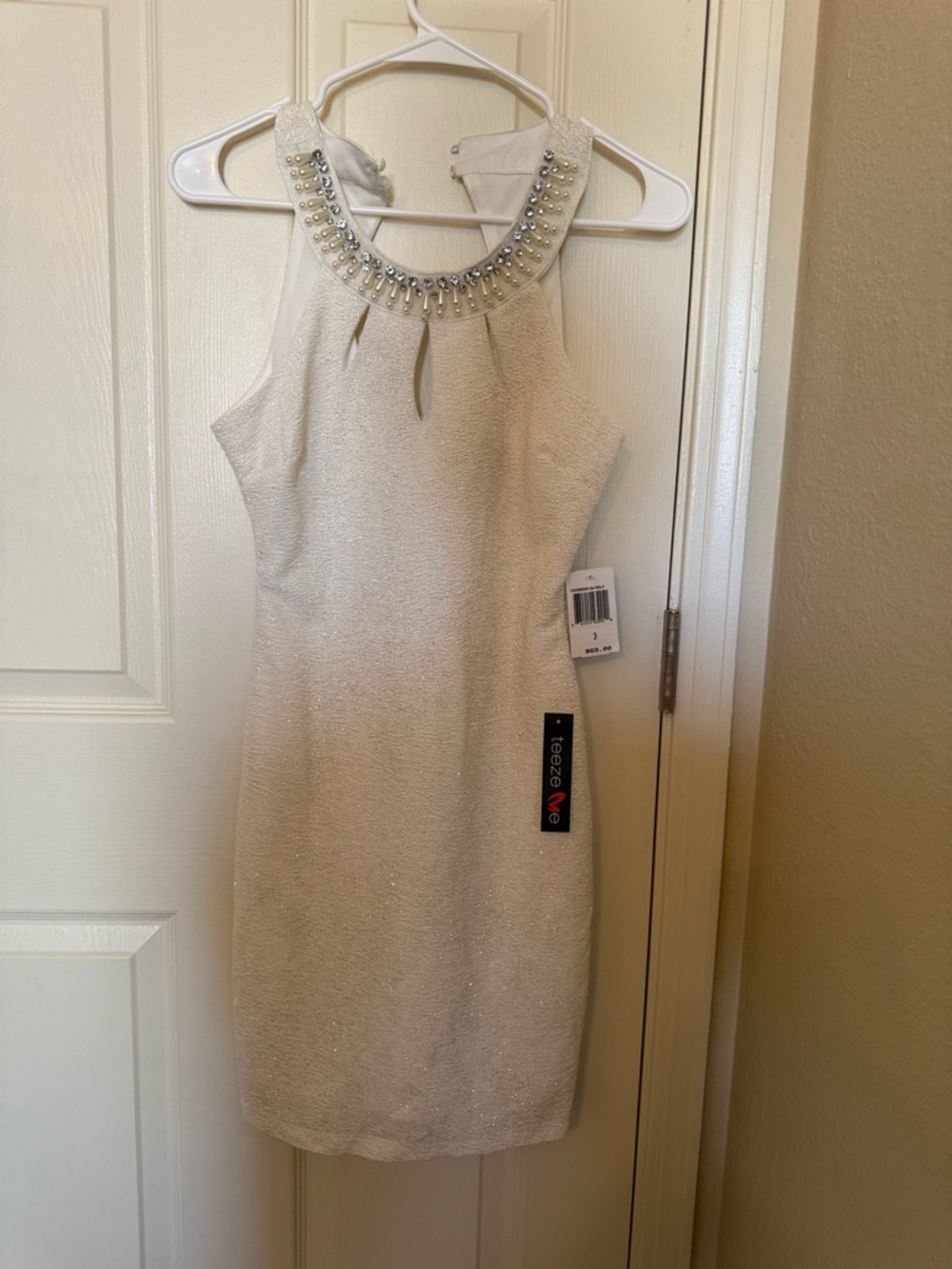 Teeze Me Beaded-Neck Cream Mini Dress